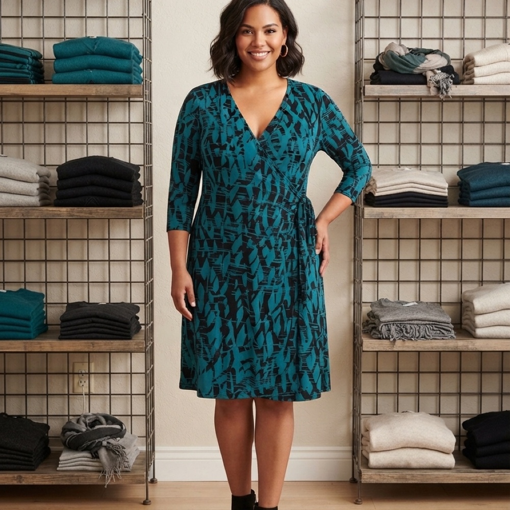 Emma & Michele Abstract Print Teal V-Neck Wrap Dress
